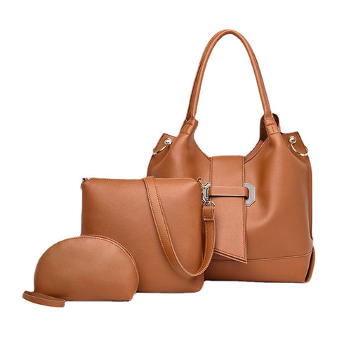 3 PCS PU Leather Vintage Solid Large Capacity Wallet Clutch Bag Phone Handbag Crossbody Shoulder
