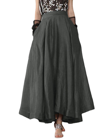 Vintage Solid High Elastic Waist Side Pocket Big Swing Pleated Skirts