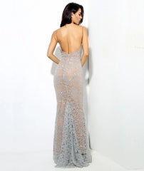 Love&Lemonade  Silver Deep V Neck Open Back Flower Ribs Long Dresses LM0299