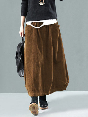 Women Corduroy Button Trim Elastic Waist Solid Retro Skirt With Pocket