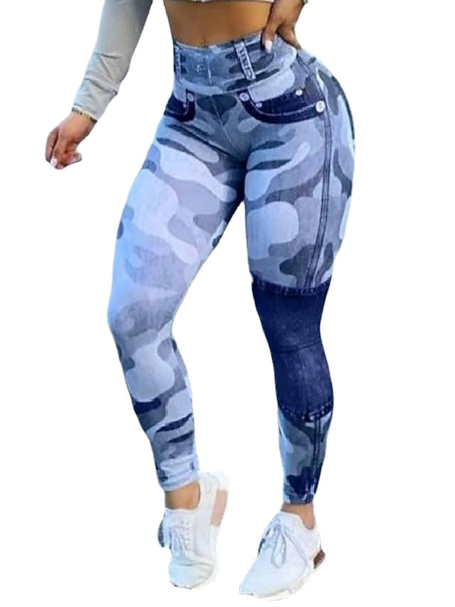 Fashionable Women's Camouflage Print High-waist Elasticity Faux Denim Pants