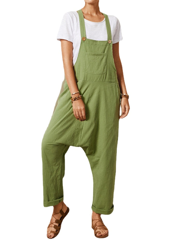 Solid Color Strap Button Pocket Sleeveless Loose Casual Harem Jumpsuit