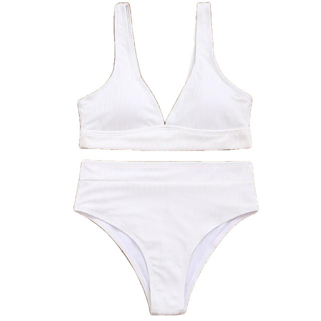 Stylish Spice Girls' Solid Ribbed High Waist V-neck Swimsuit