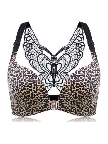 Front Closure Butterfly Embroidery Back Wireless Push Up Bra,Gold