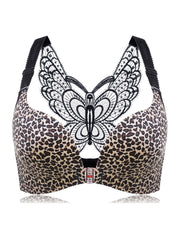 Front Closure Butterfly Embroidery Back Wireless Push Up Bra,Gold