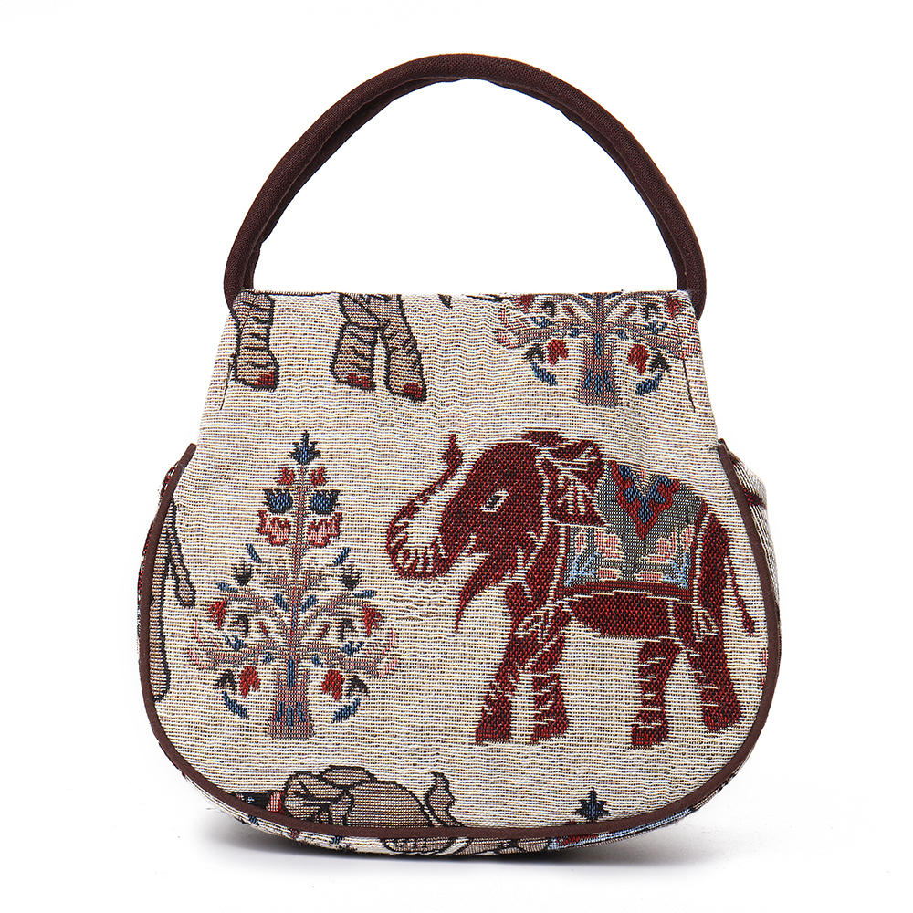 Women Ethnic linen Elephant Pattern Hand-woven Double Zipper Handbag