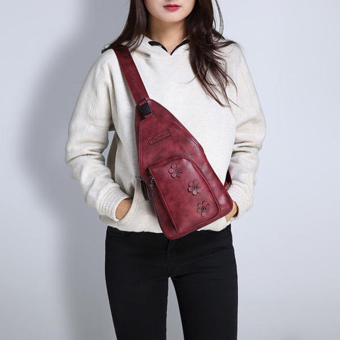 Women Vintage Casual Faux Leather Floral Shoulder Bag Crossbody Chest