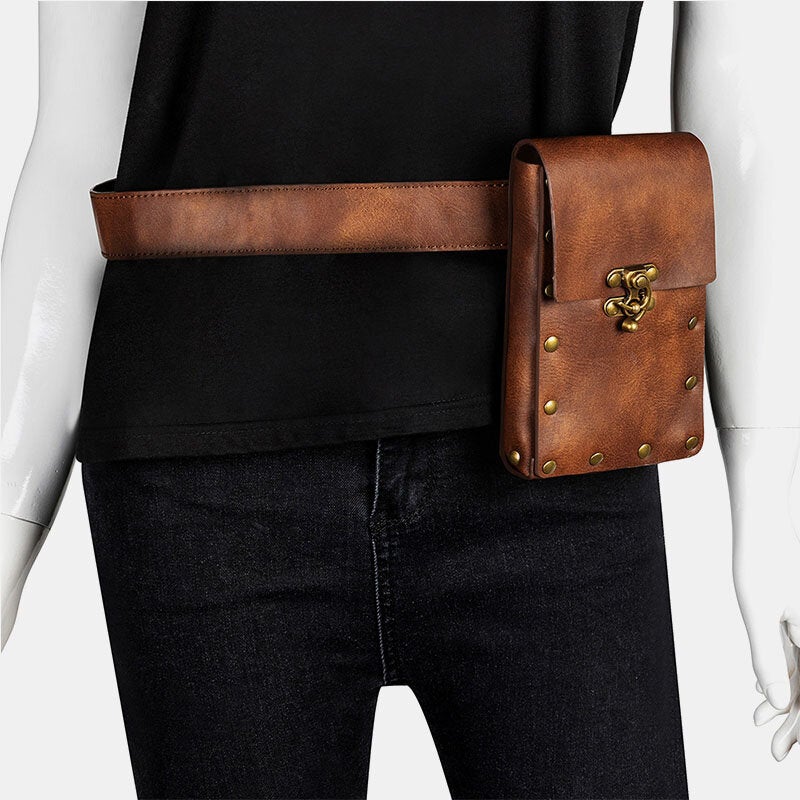Men Faux Leather Steampunk Fashion Retro Sport 6.3 Inch Phone Bag Waist