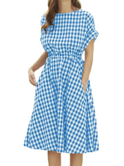 Plaid Pocket Elastic Waist Short Sleeve Casual Midi Dress