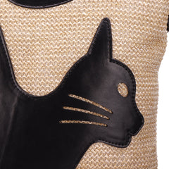 Women Straw Artificial Leather Cat Patch Crossbody Bag Large Capacity Versatile Beach Shoulder Handbag