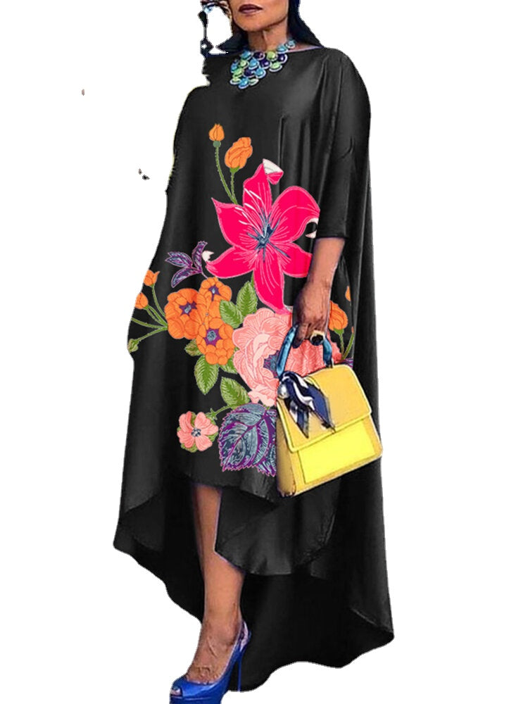 Women Plus Size Floral Print Three Quarter Sleeve A-line Dress