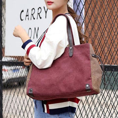 Women Quality Canvas Casual Large Capacity Color Block Tote Bag Handbag