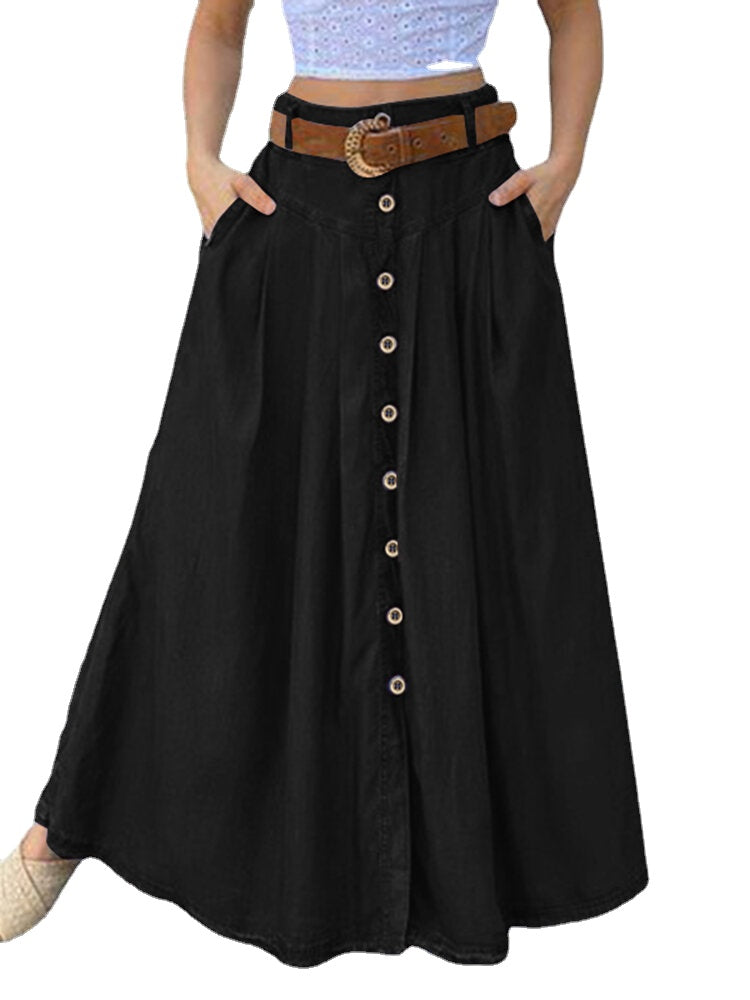 Women Solid Color Bottom Front Loose Casual Long Skirt With Pocket