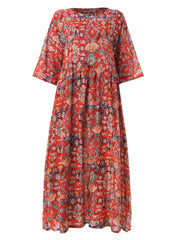 Women Three Quarter Sleeve Bohemia Vintage Print Floral Dress