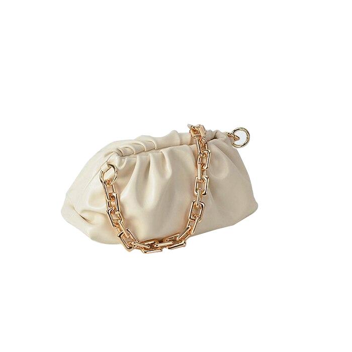 Luxury Fashionable Female Soft Leather Pleated Shoulder Bag With Thick Metal Chain