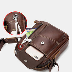 Men's Vintage Leather Crossbody Bag with Headphone Port & Multi-Pockets