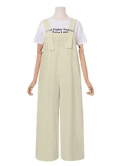 Women 100% Cotton Solid Adjusting Buckle Wide Leg Pocket Ankle Length Jumpsuit