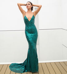 Love&Lemonade Sexy Green Deep V Neck Open Back Geometry Sequins Long Dress  LM81225