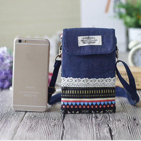 Women Denim Three Interlayers Flower Printing Mini Shoulder Bags Lace Crossbody 6.0'' Phone Bag