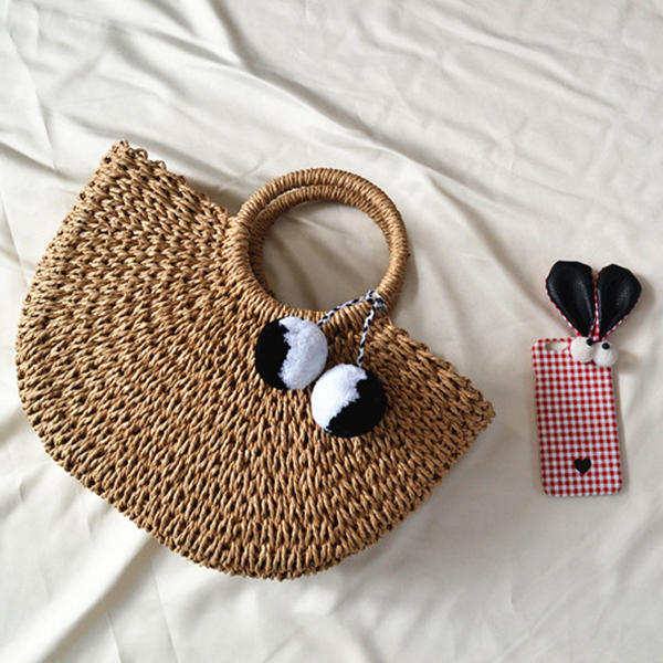 Women Casual Straw Handbag Woven Plush Ball Beach Bag