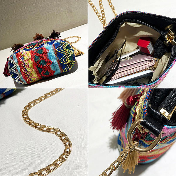 Women Weaving Tassel National Crossbody Bag Chic Bucket