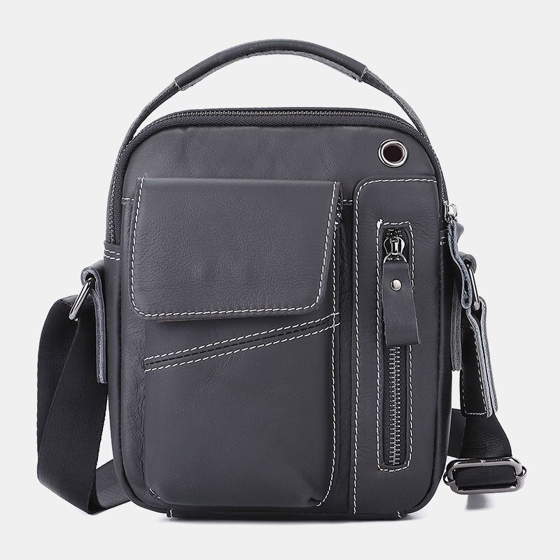 Men's Vintage Leather Crossbody Bag with Multi-Pockets & Headphone Port for 6.5" Phone
