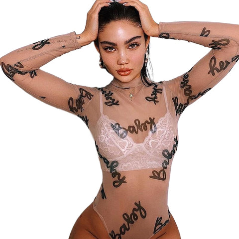 Sexy Ladies' Long Sleeve Transparent Mesh Bodysuits With Letter Print