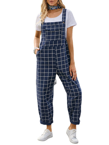 Women Grid Adjustable Strappy Sleeveless Casual Jumpsuits With Flap Pocket