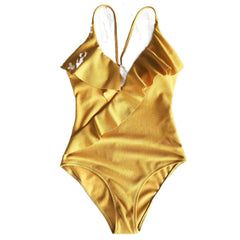 Sexy Ladies' V-neck Ruffle Monokini Swimsuit Solid Color