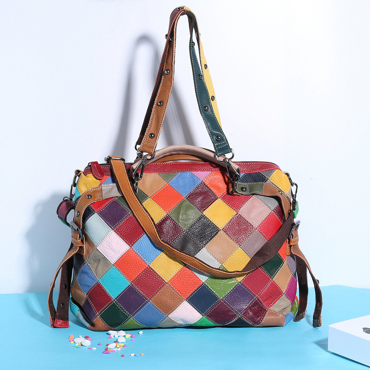 Women Genuine Leather Contrasting Color Plaid Stitching Crossbody Bag Large-capacity Waterproof Shoulder Handbag