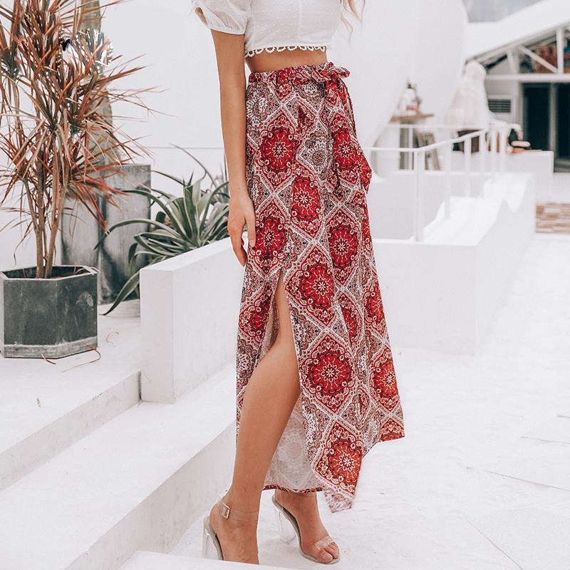 Sexy Print Long Women Summer High Waist Sash Wide Leg Split Trousers