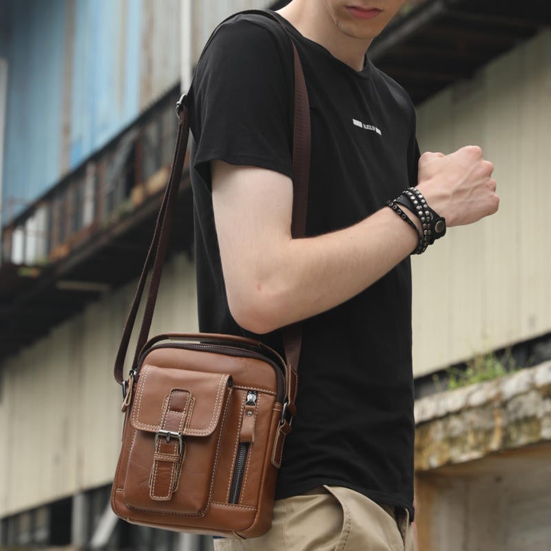 Men's Classic Leather Crossbody Bag - Casual Business Shoulder Handbag