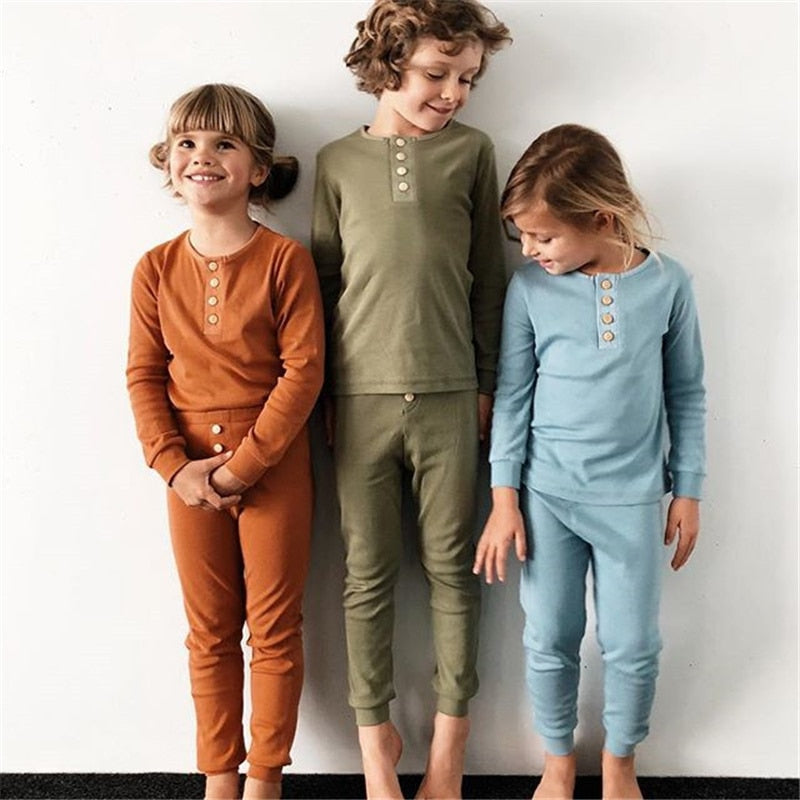 Elegant Nightwear Solid Color Pajamas Set For Unisex Kids - Sheseelady