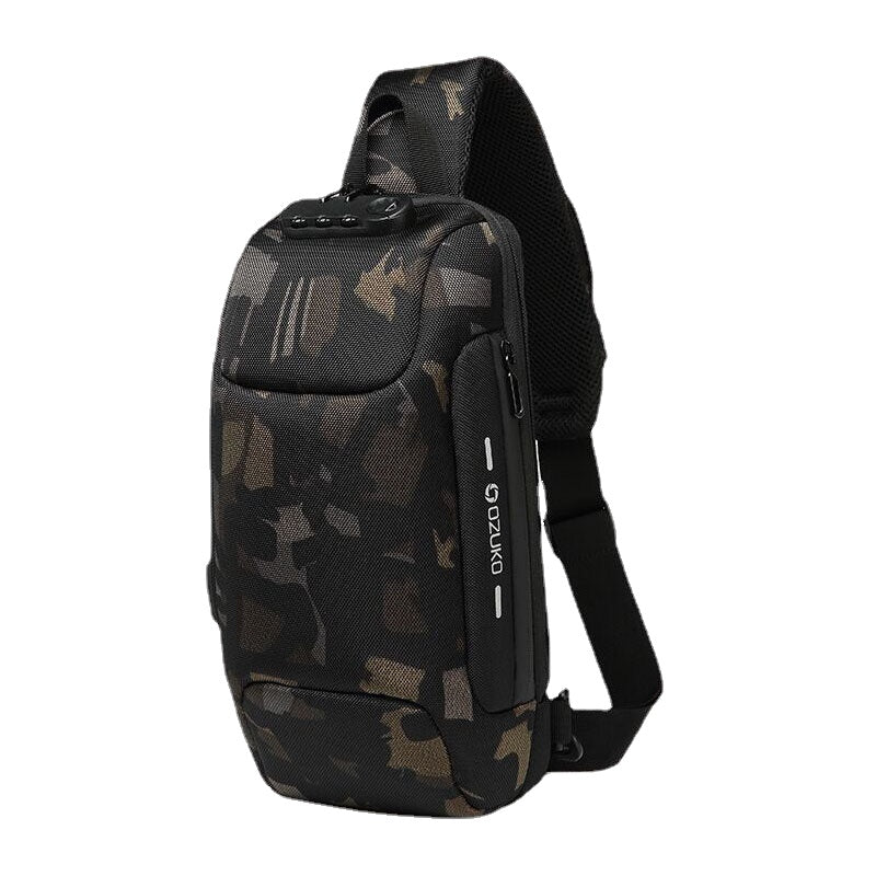 Men Oxford Password Lock Anti-theft Waterproof Reflective Design Crossbody Bag Multi-compartments USB Charging Chest Bag