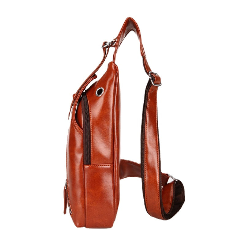 Men Faux Leather Oil Leather Business Casual Travel Waterproof Shoulder Bag Chest Bag