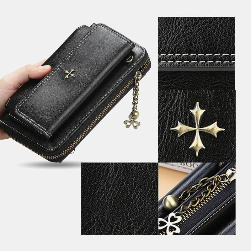 Women PU Leather Cross Flower Tassel Large Capacity Multi-card Slot Phone Bag Crossbody Shoulder