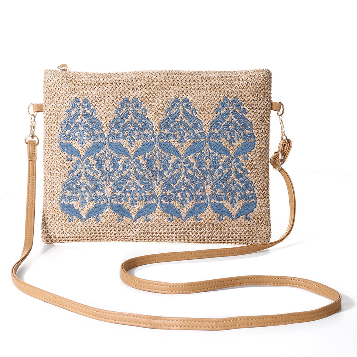 Women Straw Ethnic Pattern Embroidery Crossbody Bag Adjustable Zipper Shoulder