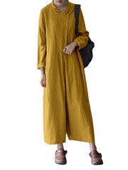 Women Mustard Yellow Solid Color Cotton Button Loose Jumpsuit With Side Pockets