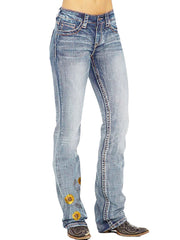 Women Flower Embroidered Pockets Regular Fit Casual Distressed Jeans