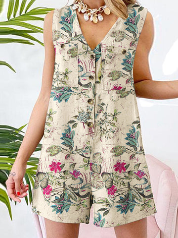 Sleeveless Button Print Flower Pocket Regular Fit Jumpsuit