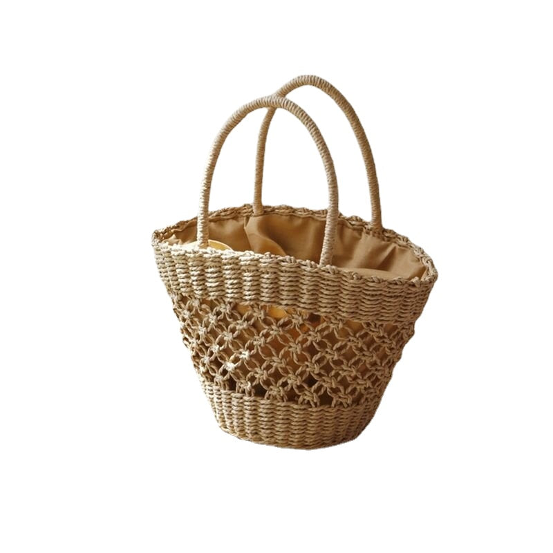 Women Straw Hollow Retro Handmade Paper String Cylindrical Bag Beach Handbag