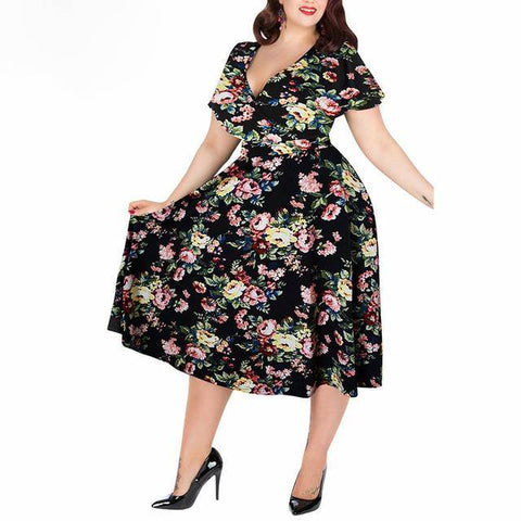 Vintage Women's Short Sleeve A-line Stretchy Midi Dress With Floral Print