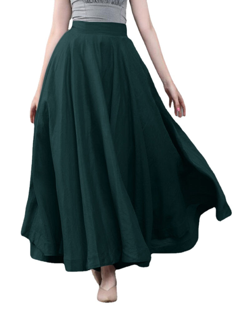 Women Solid Color Back Zip Pleated Casual Swing Skirts With Pocket