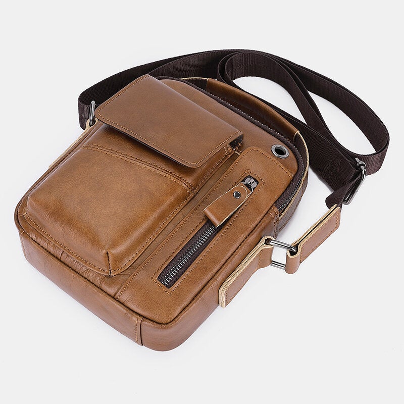 Men's Vintage Leather Crossbody Bag with Multi-Pockets & Headphone Port for 6.5" Phone