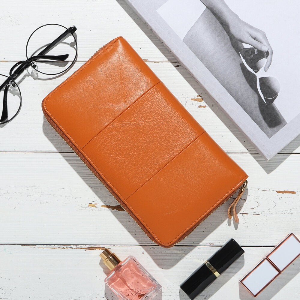 Women RFID Blocking Cowhide Zipper Long Wallet Large Capacity Card Holder Coin Purse