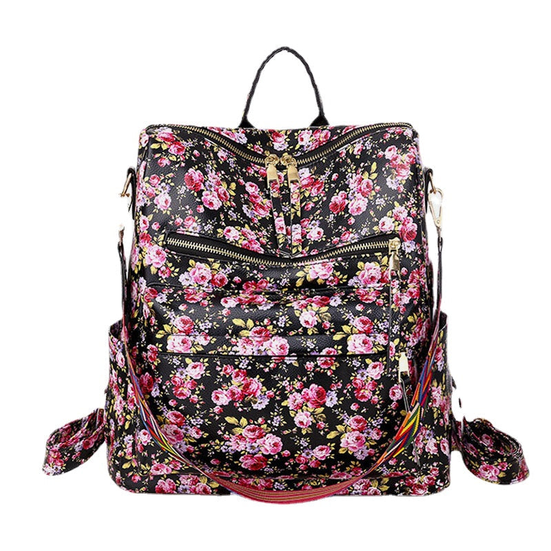 Women Faux Leather Leopard And Flowers Pattern Fashion Casual Backpack