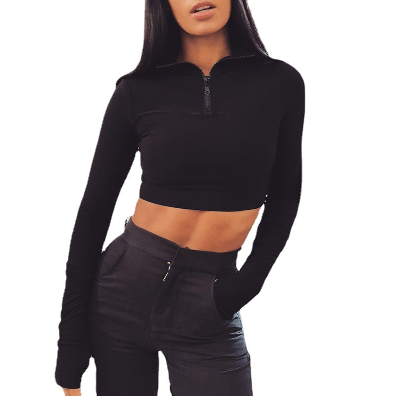 Running Half Zipped Stand Collar Fitness Midriff-Baring Top