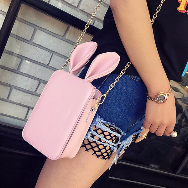 Women Cute Cartoon Rabbit Ear Chain Phone Bag Square Bucket Shoulder