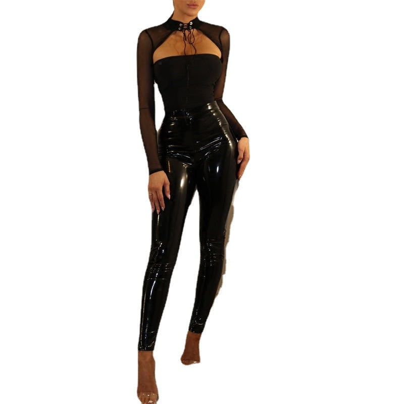 Women's Sexy Stitching Long Sleeve Top Slim Fit Tube Jumpsuits