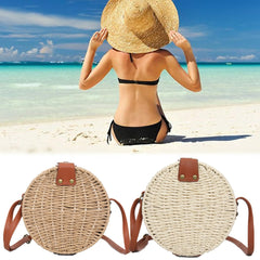 Women Summer Round Straw Shoulder Bag Vintage Woven Beach Tote Crossbody Handbag